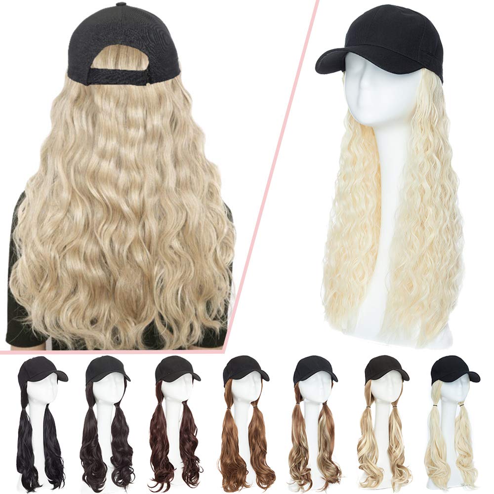 Baseball Cap with Hair Extensions Baseball Hat with Hair Attached Synthetic Hair Wig Cap Long Wavy Adjustable Wave Hairpiece Natural Cap Wig With Magic Paste for Women 290g #613 platinum blonde