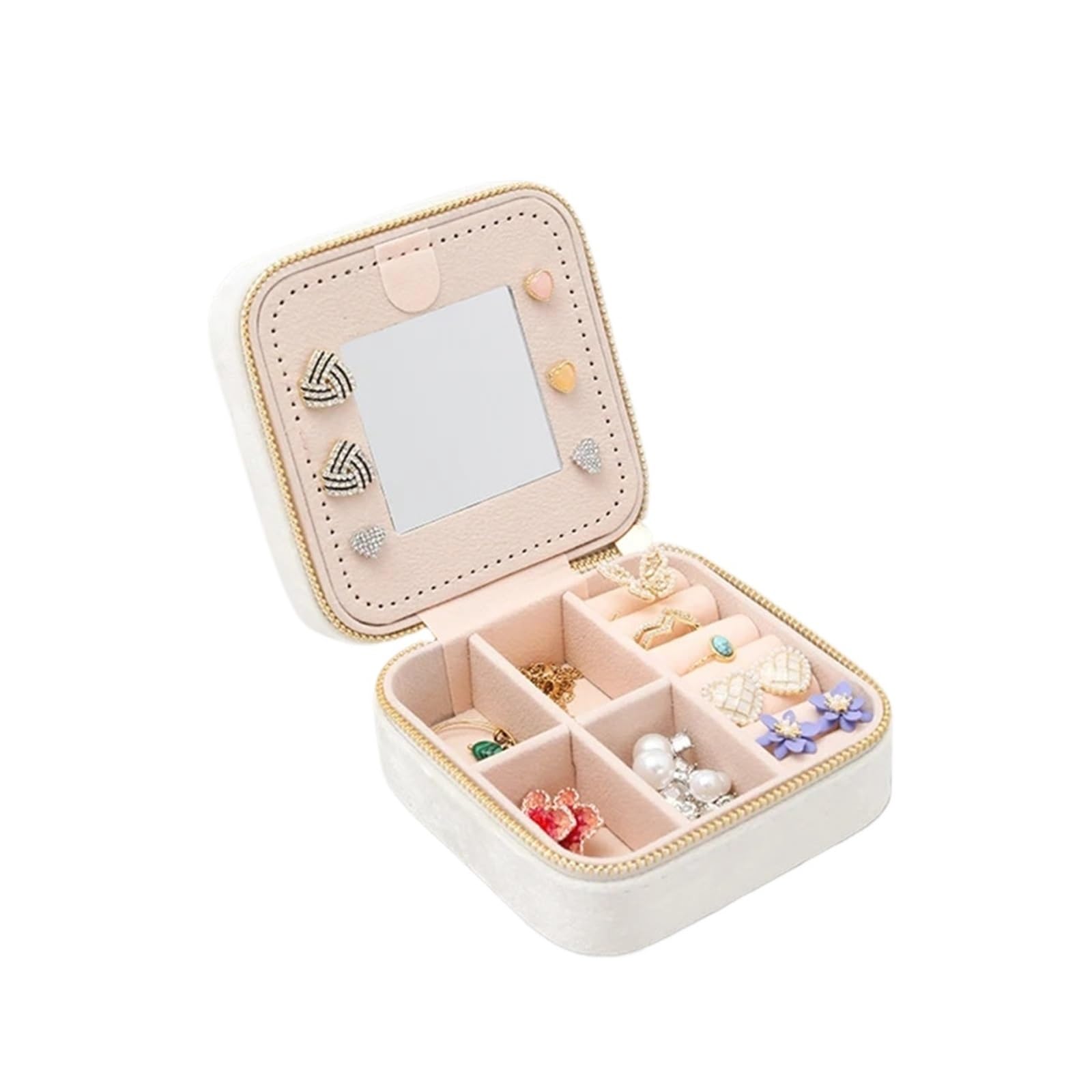 ESTDKMNOS Portable Jewellery Case， Jewellery Box Women's Organiser Necklace Rings Earrings Multicolor Travel Zipper Case(White)