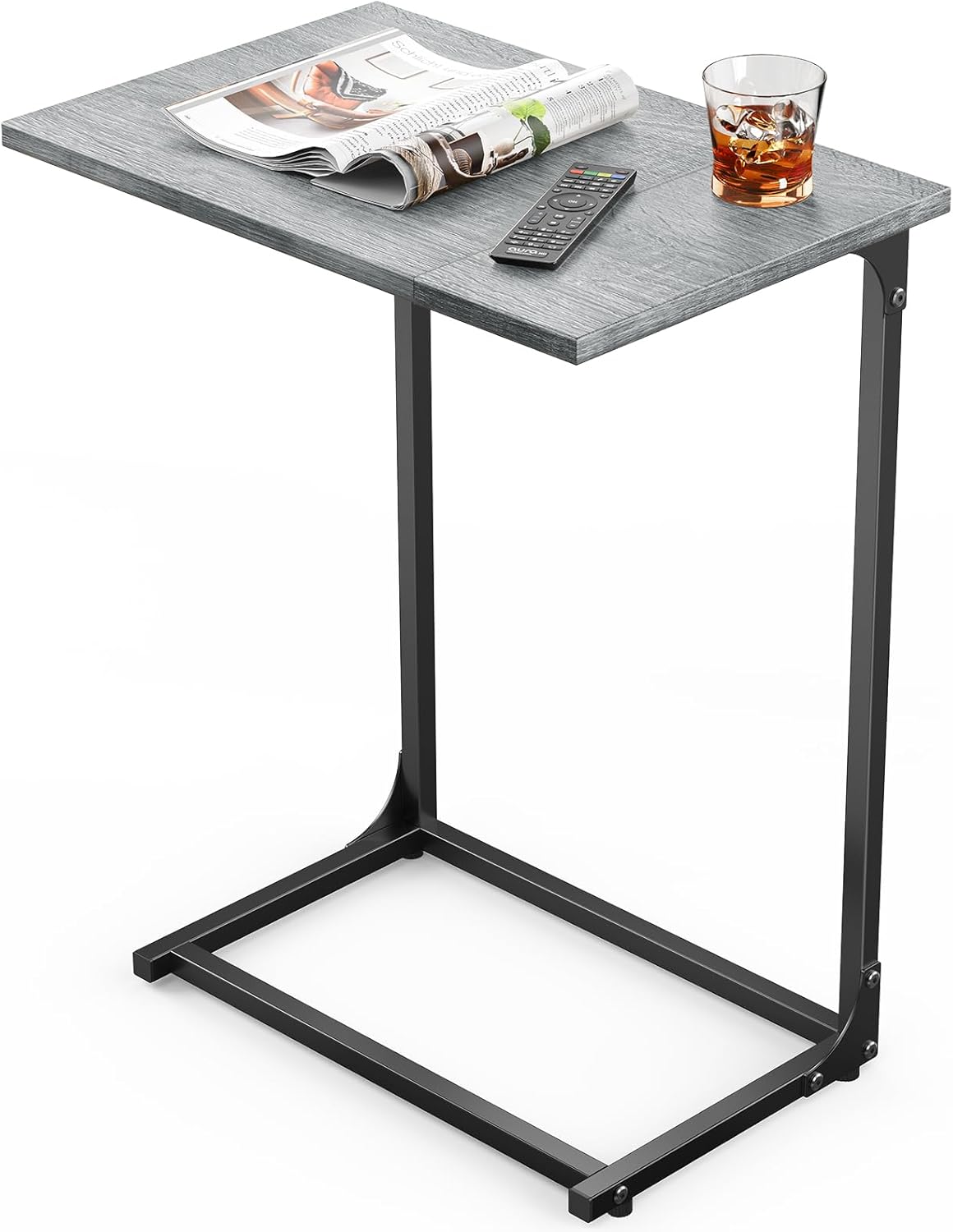 Pipishell C-Shaped Side Table, C Table for Sofa with Two-Piece Desktop & Metal Frame, Large Surface End Table for Living Room, Bedroom, Bedside, Rustic Design, Grey