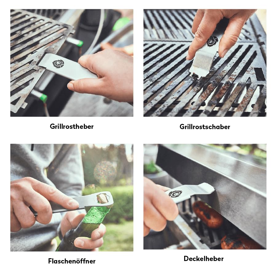 Jones Folding Stainless Steel Gas Barbecue Portable Barbecue with Lid, Multi-Tool and Bag, 2 Burners with a Total Power of 6.4 kW for up to 500 °C, Camping Grill