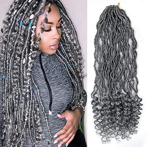 Eayon Hair 6 Pcs/Lot Gray Goddess Faux Locs Crochet Hair Braid Wavy Faux Locs with Curly Ends Ombre Color Synthetic Braiding Hair Extension Dreadlocks Crochet Braiding Hair 20 inch Grey Color
