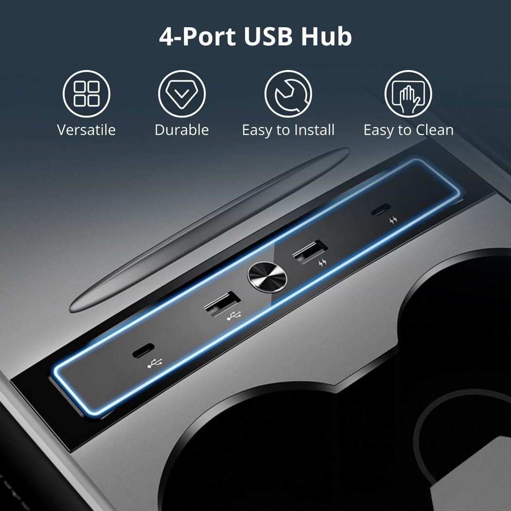 Hub USB para Tesla Model 3 y Model Y 2021 2022 2023, base USB de 4 puertos para adaptador de consola central Tesla, estación de acoplamiento multipuerto con luz LED para carga de coche y transmisión