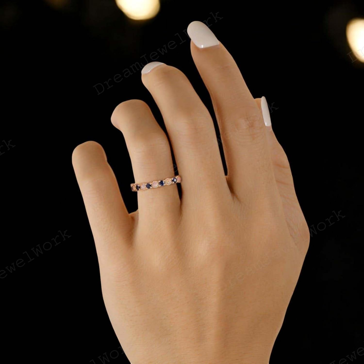 Fire Opal Sapphire Wedding Band Blue Sapphire Half Eternity Dainty Opal Stacking Ring Vintage Stackable Ring Women Anniversary Ring Valentine Day Gift For Her
