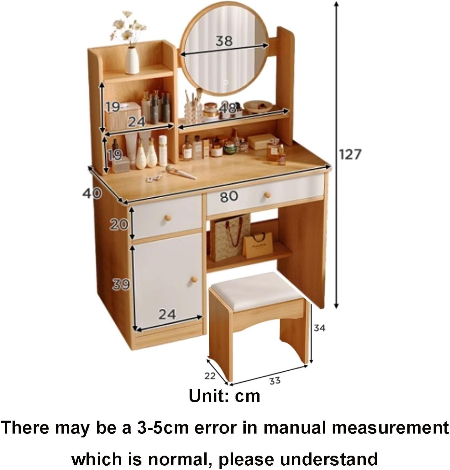 Makeup Vanity Desk, Small Vanity Table, Make up Vanity with Chair, Small Dressing Table with Mirror Engineered Wood White, Natural(White)