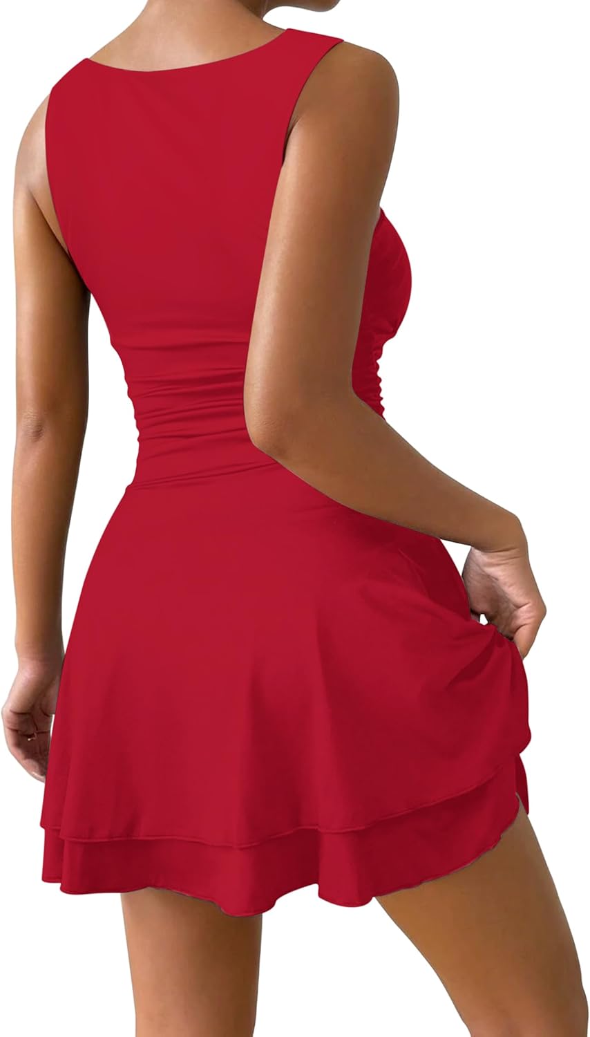 IWD Women's Boat Neck Sleeveless Mini Dress Ruched Waist Flowy Tiered Ruffle Hem A Line Party Short Dresses - Image 2