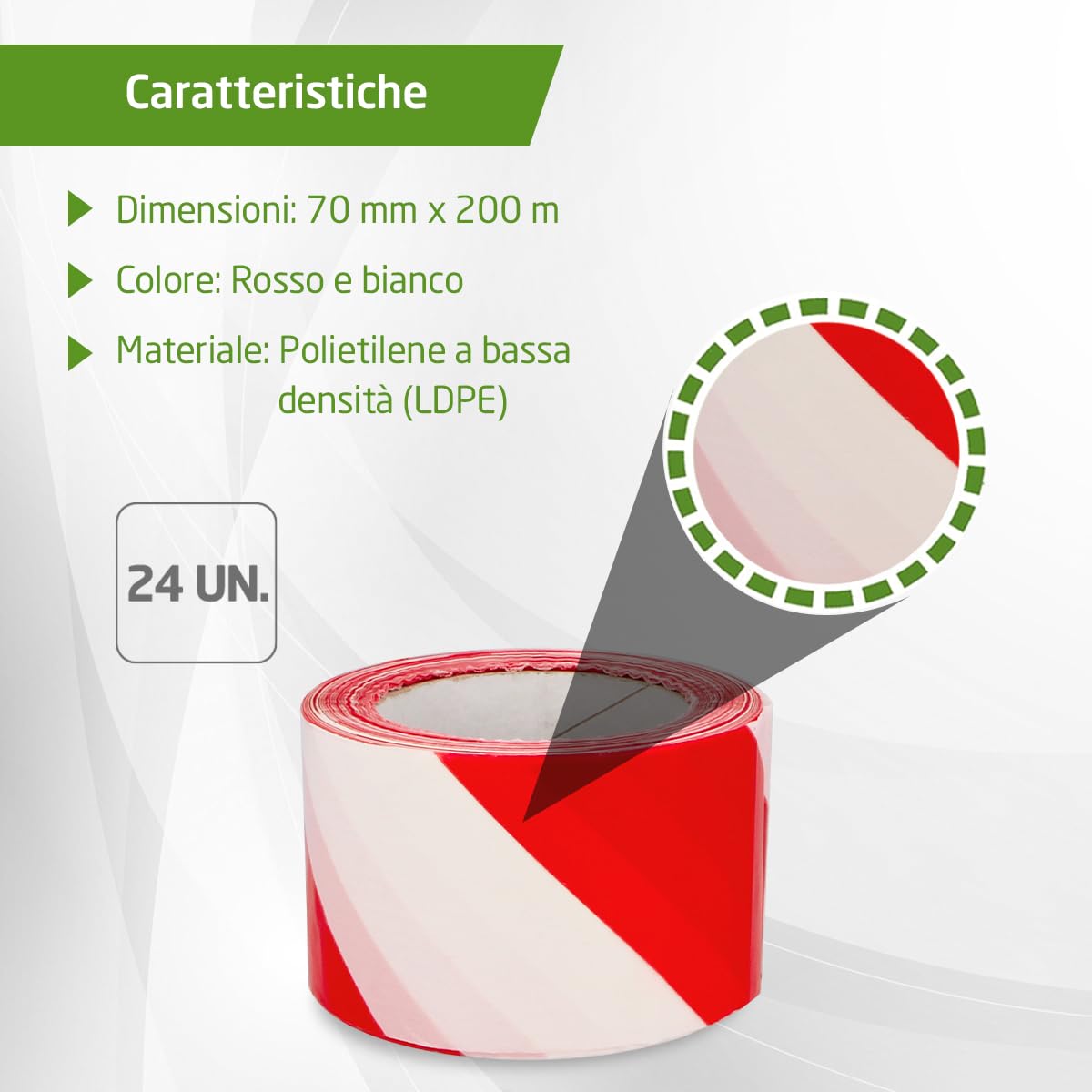 Amig – 24 rotoli di nastro segnaletico – Per segnalazione e avvertimento di pericolo – Impermeabile e flessibile – LDPE (polietilene a bassa densità) – 70 mm x 200 m – Rosso e bianco