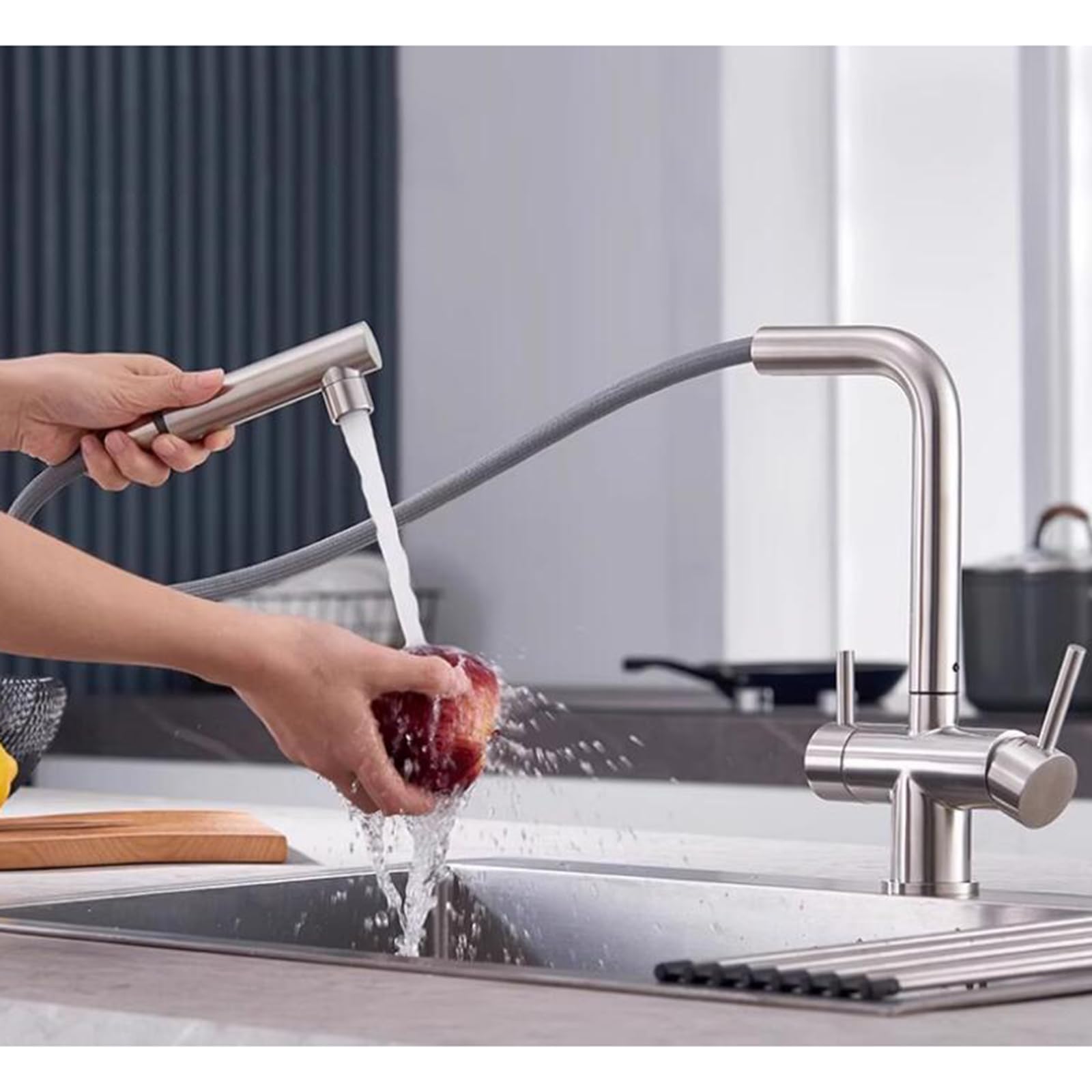 Rubinetti per Cucina e Bagno, Rubinetto filtrante per Acqua a 3 Vie, Miscelatore per lavello, Estraibile, in Acciaio Inox, per Acqua Calda e Fredda, Rubinetto per lavello 3 in 1, s