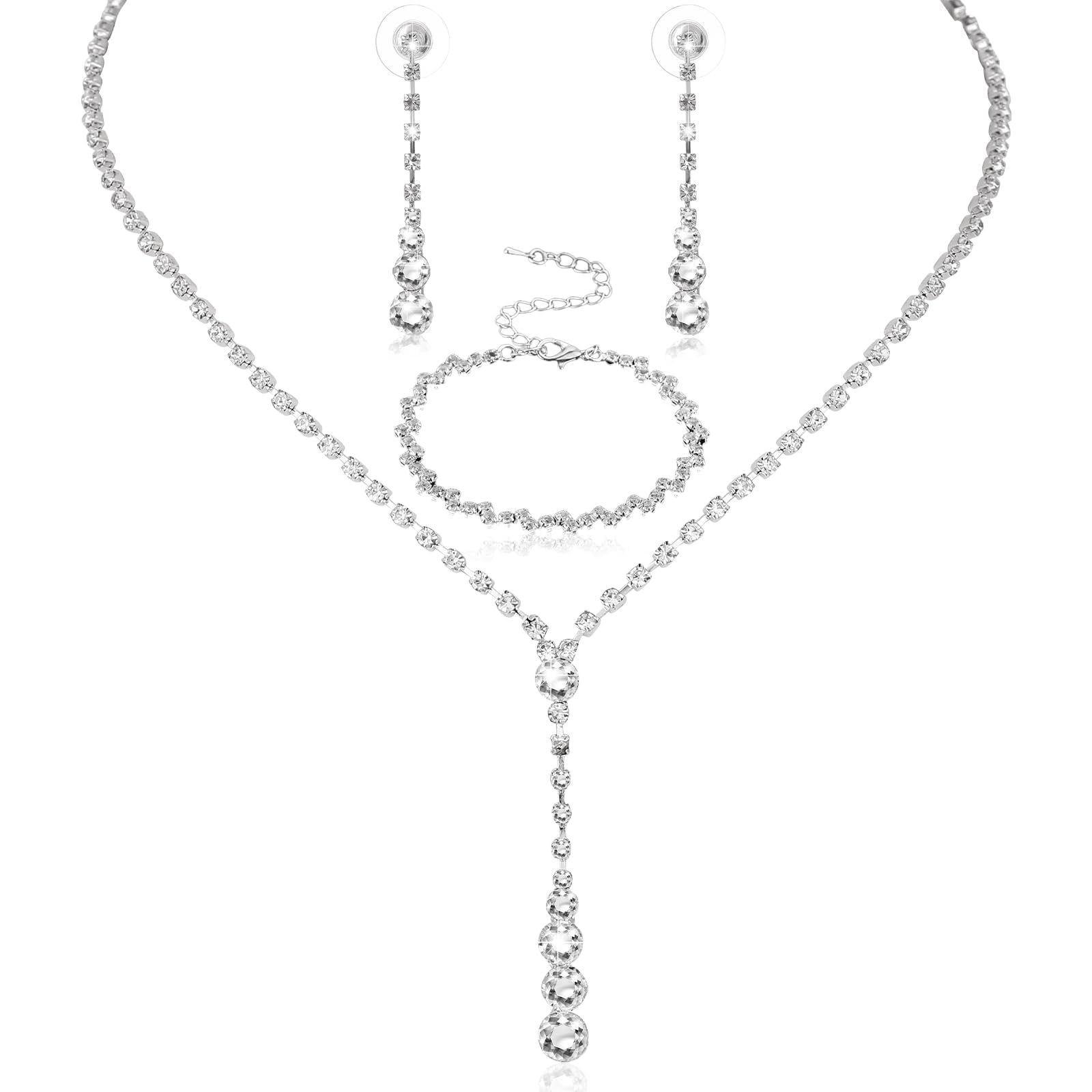 oyosonabymy Rhinestone Bridal Jewellery Set Elegant Crystal Teardrop Pendant Necklace Drop Earrings Bracelet Sparkly Silver Jewellery Set for Brides Bridesmaid Women Girls Wedding Costume Accessories-picture-16