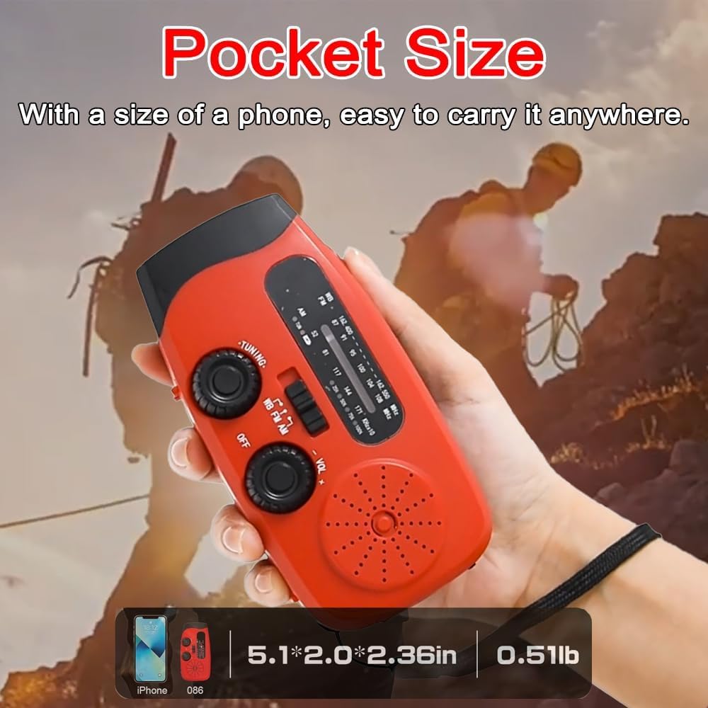 Radio Solare a Carica Manuale AM/FM Portatile con Torcia LED e Power Bank 2000mAh