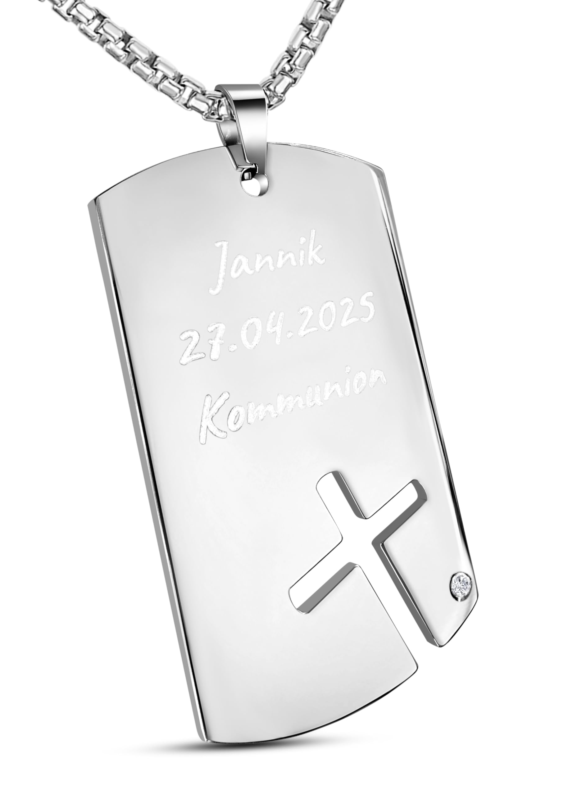 Personalisierte Kette mit Gravur Edelstahl 60 cm mit Anhänger Dog Tag Kreuz - Personalisierte Halskette für Männer und Frauen - Personalisierter Schmuck Damen Herren