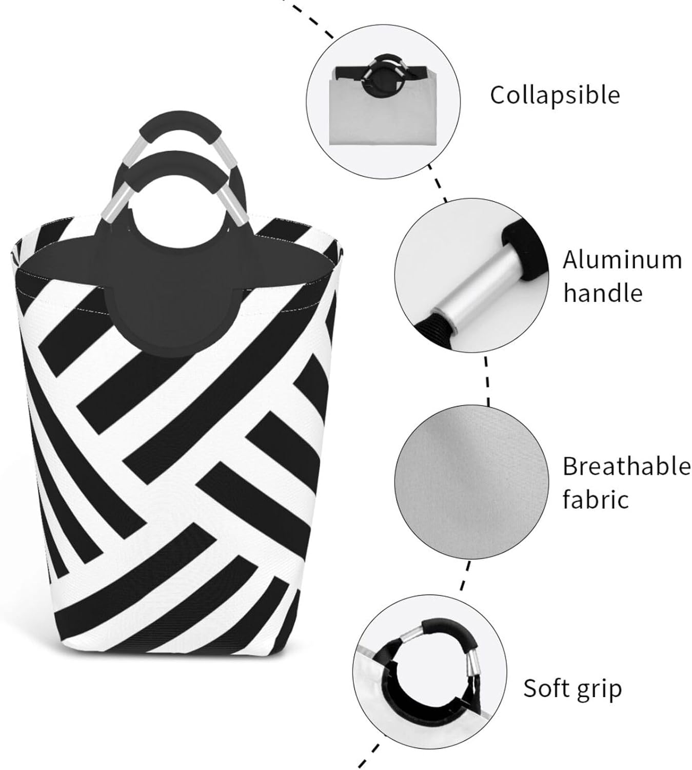 Large Laundry Basket, Geometric Stripe in Black and White Laundry Hamper Bag Collapsible Washing Bin With Handles for College Dorm, Family Essentials Storage
