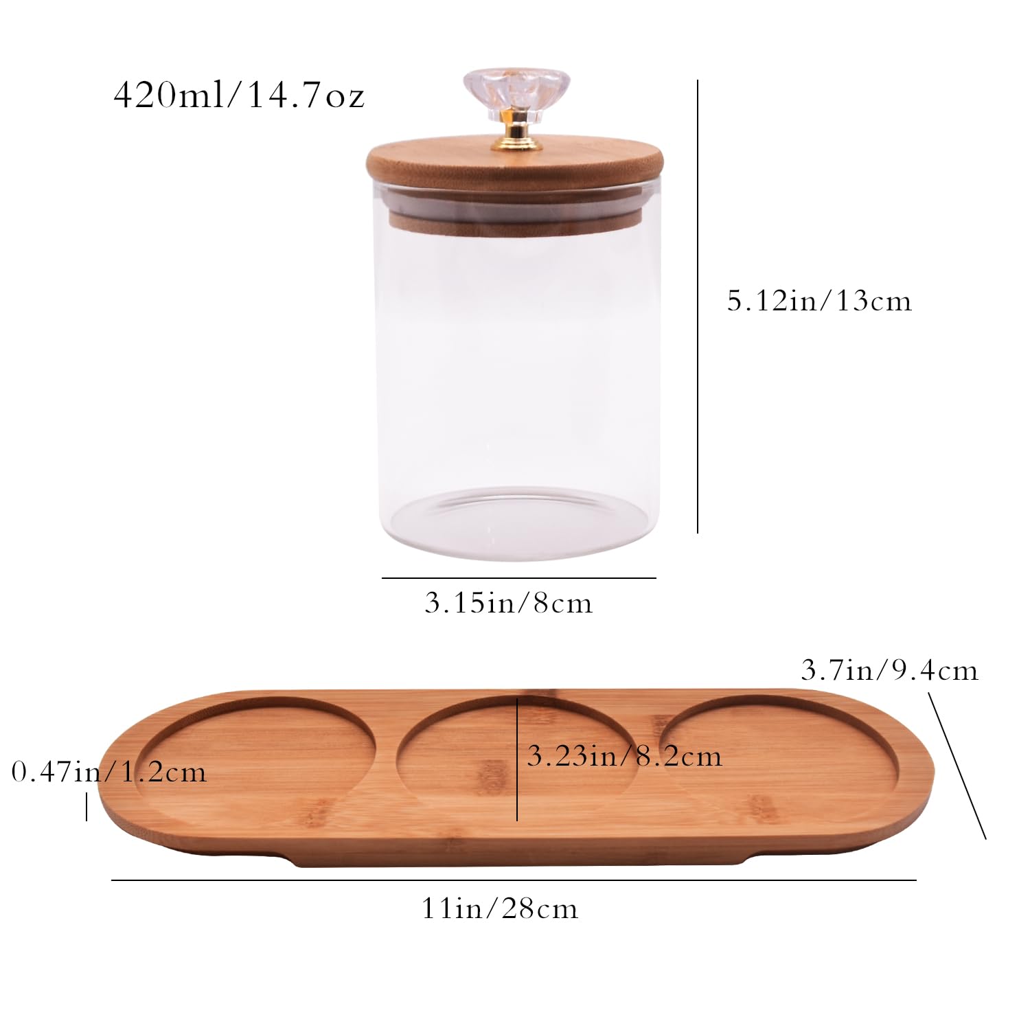 Qtip Holder Dispenser Bathroom Set with Bamboo Tray, 14 oz Airtight Glass Jars Organizer with Diamond Lid for Cotton Ball, Cotton Swab, Cotton Round Pads, Floss Picks, 3 Pack