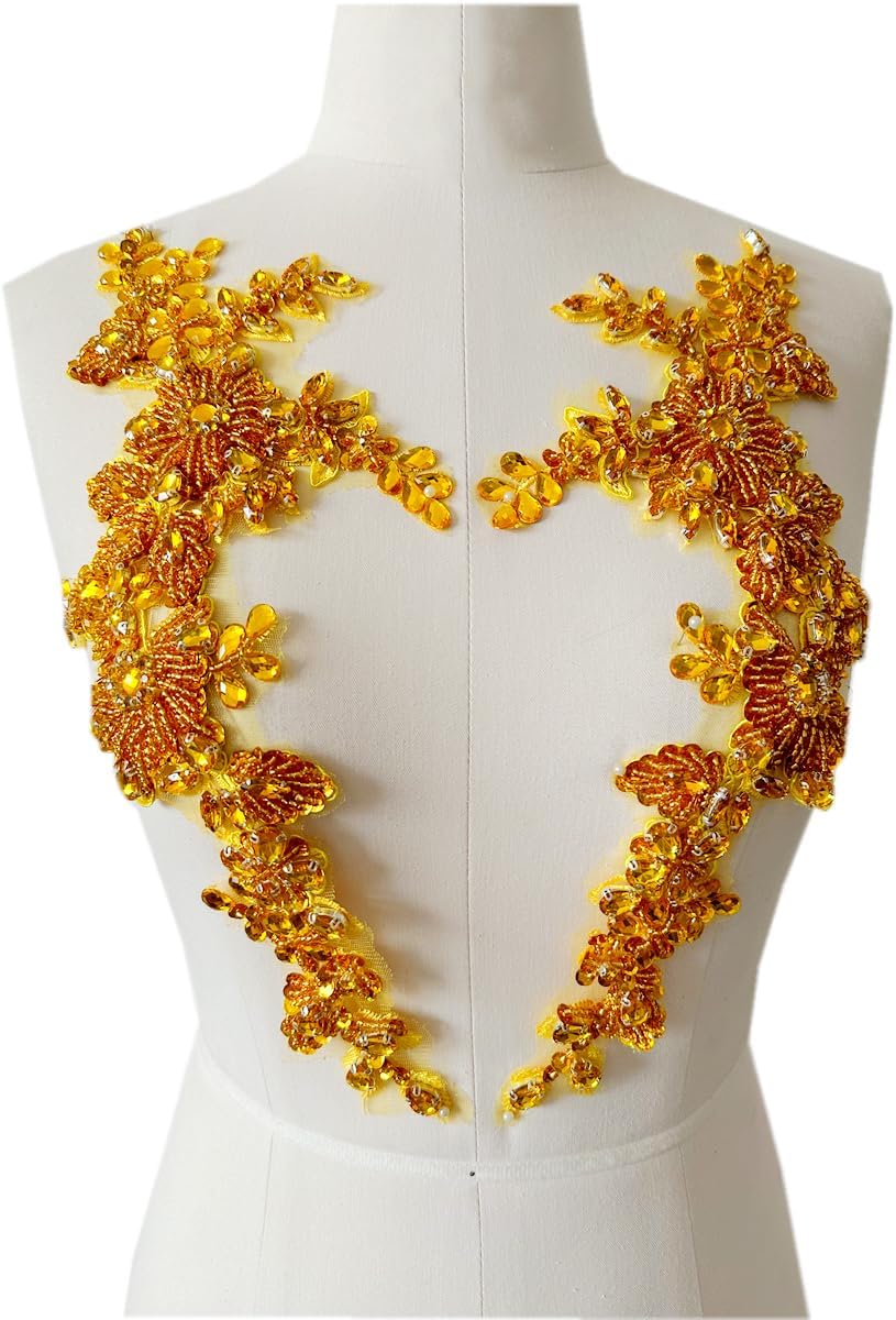 Handmade Rhinestones lace Trim Patches handsewing Beads Applique for Dress One Pair DIY Accessories (Gold)