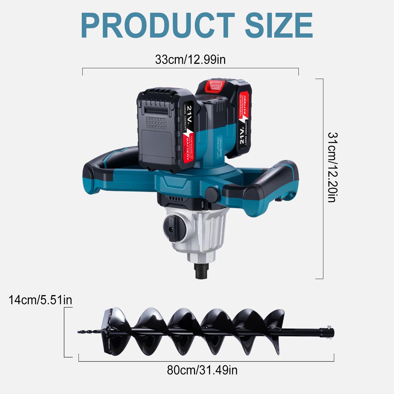 Punta da terra a batteria professionale, 1200 W, senza spazzole con 2 batterie da 4000 mAh, punta da 14 x 80 cm, trapano elettrico senza spazzole, adatta per trapano da terra con diametro da