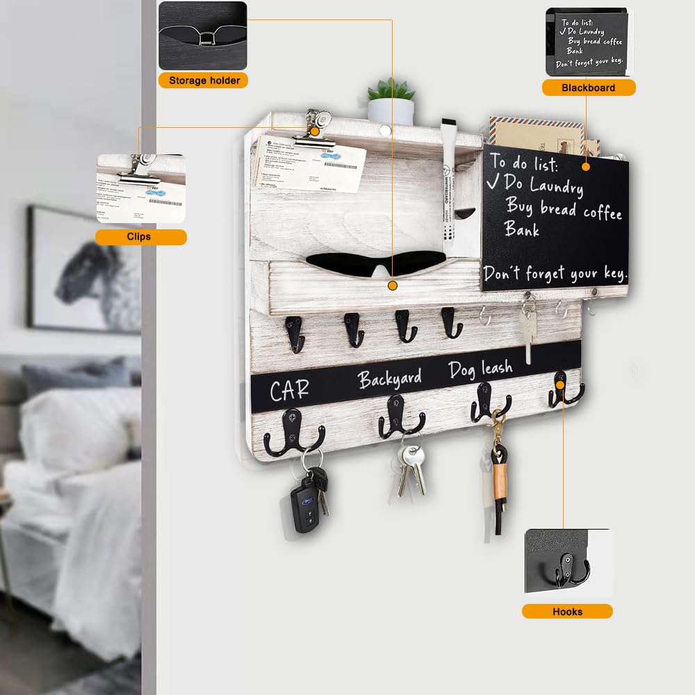 Porte-Courrier Mural et Porte-Clés avec 12 Crochets pour Clés, Plaque à Clés Murale Avec Étagère et Tableau à Craie, Rangement Pour Clés et Lettres pour Entrée, Couloir, Blanc
