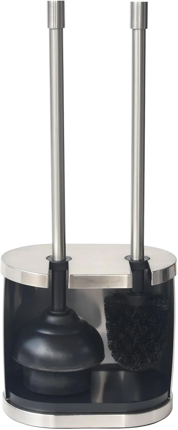 Brushed Nickel Metal Toilet Brush & Plunger Set, Durable Bathroom Cleaning Accessory