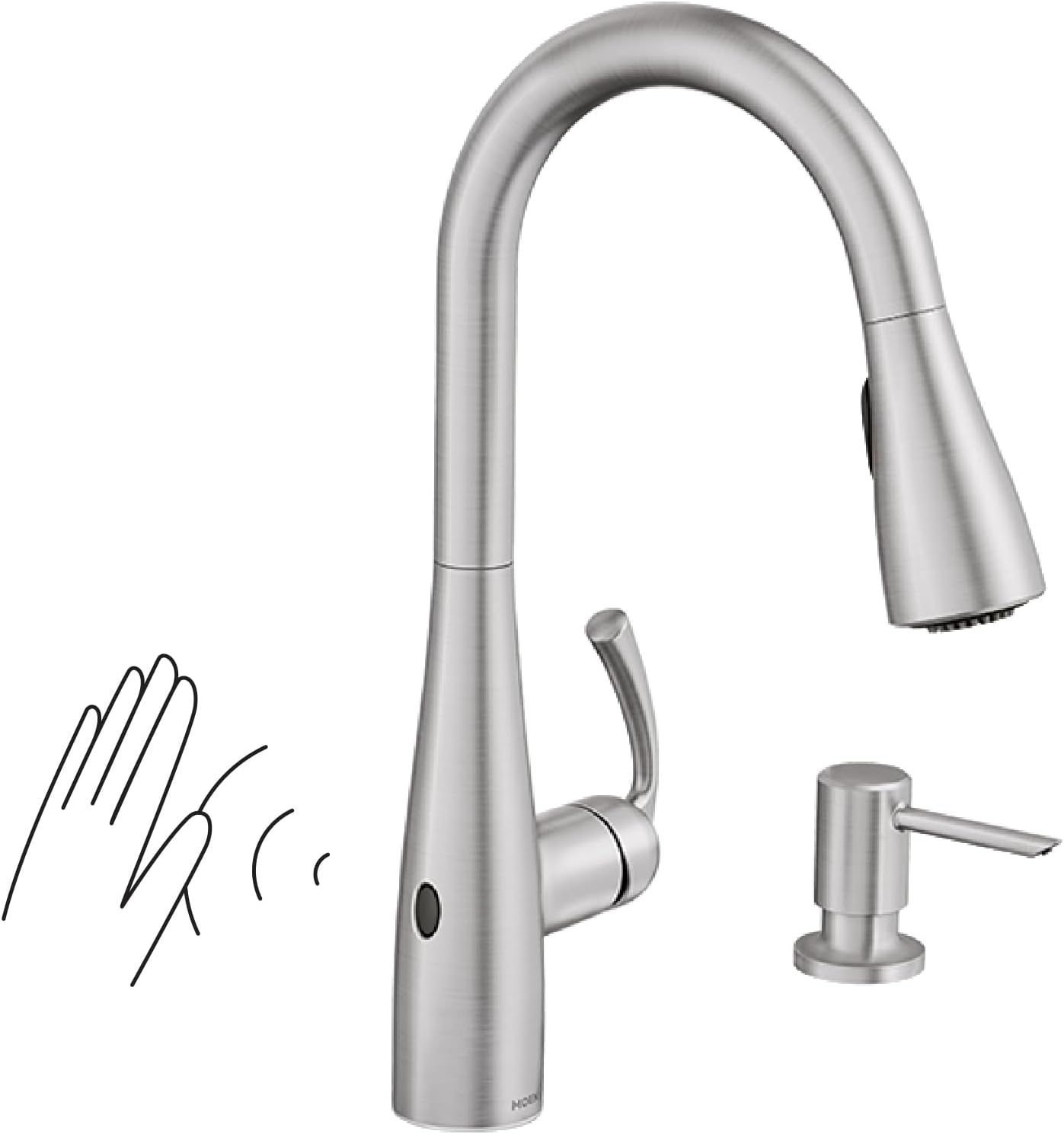 Moen 87014EWSRS Essie MotionSense Wave One-Handle Touchless Kitchen Faucet with Pull Down Sprayer and Soap Dispenser, Spot Resist Stainless Spot Resist Stainless Wave