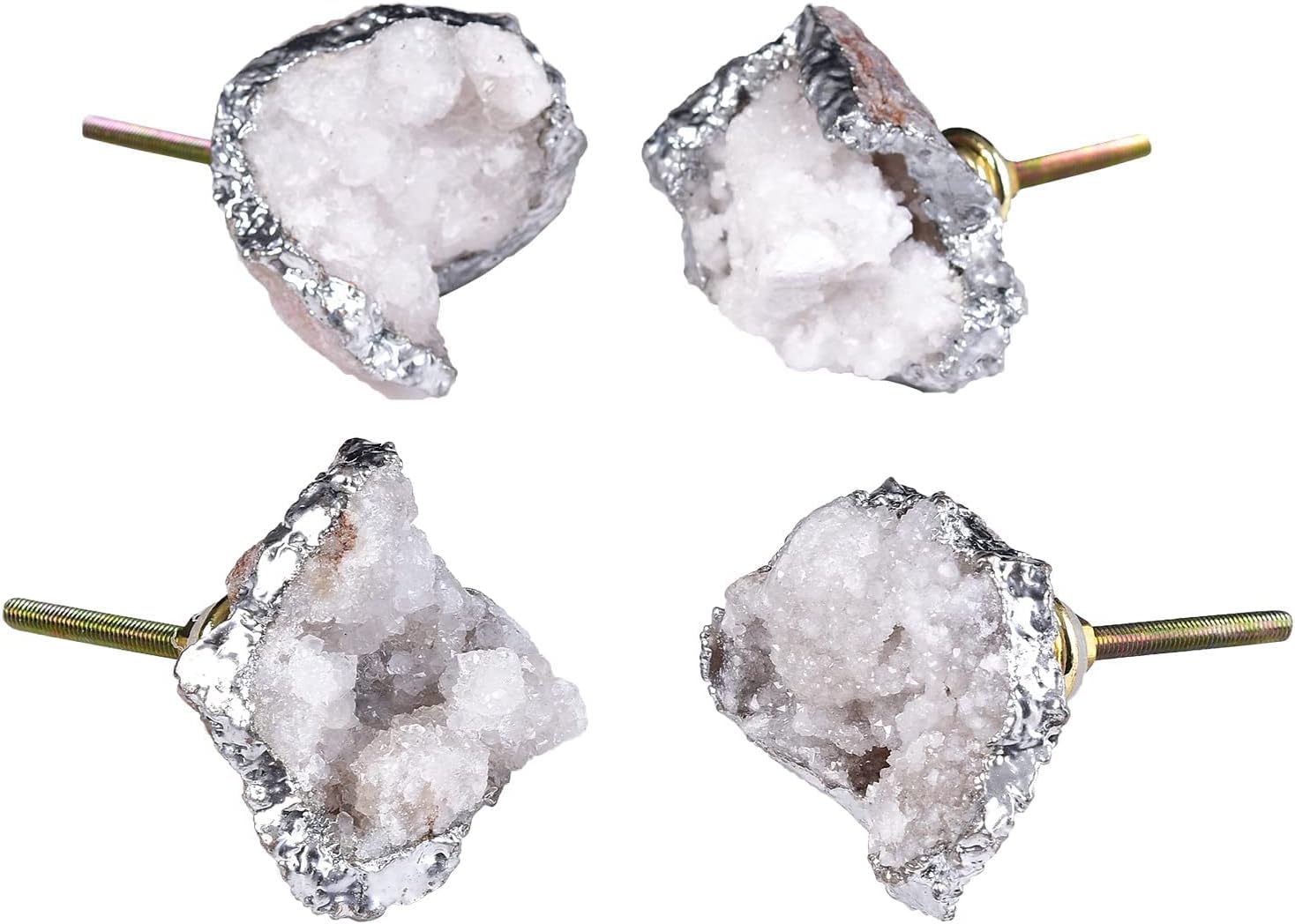 AMOYSTONE Crystal Geode Drawer Knobs Natural White Healing Crystal Stone Silver-Plated Cabinet Handles Cupboard Dresser Pulls for Home Office Decor Set of 4