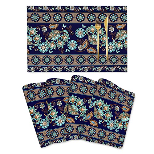 Blue Striped Floral Placemats Paisley Place Mat Set Of 4, Bohemian Abstract Dining Table Mats Washable 12"X18" For Kitchen Wedding Thanksgiving Christmas Dinner Parties Outdoor Indoor Decor #TOP4