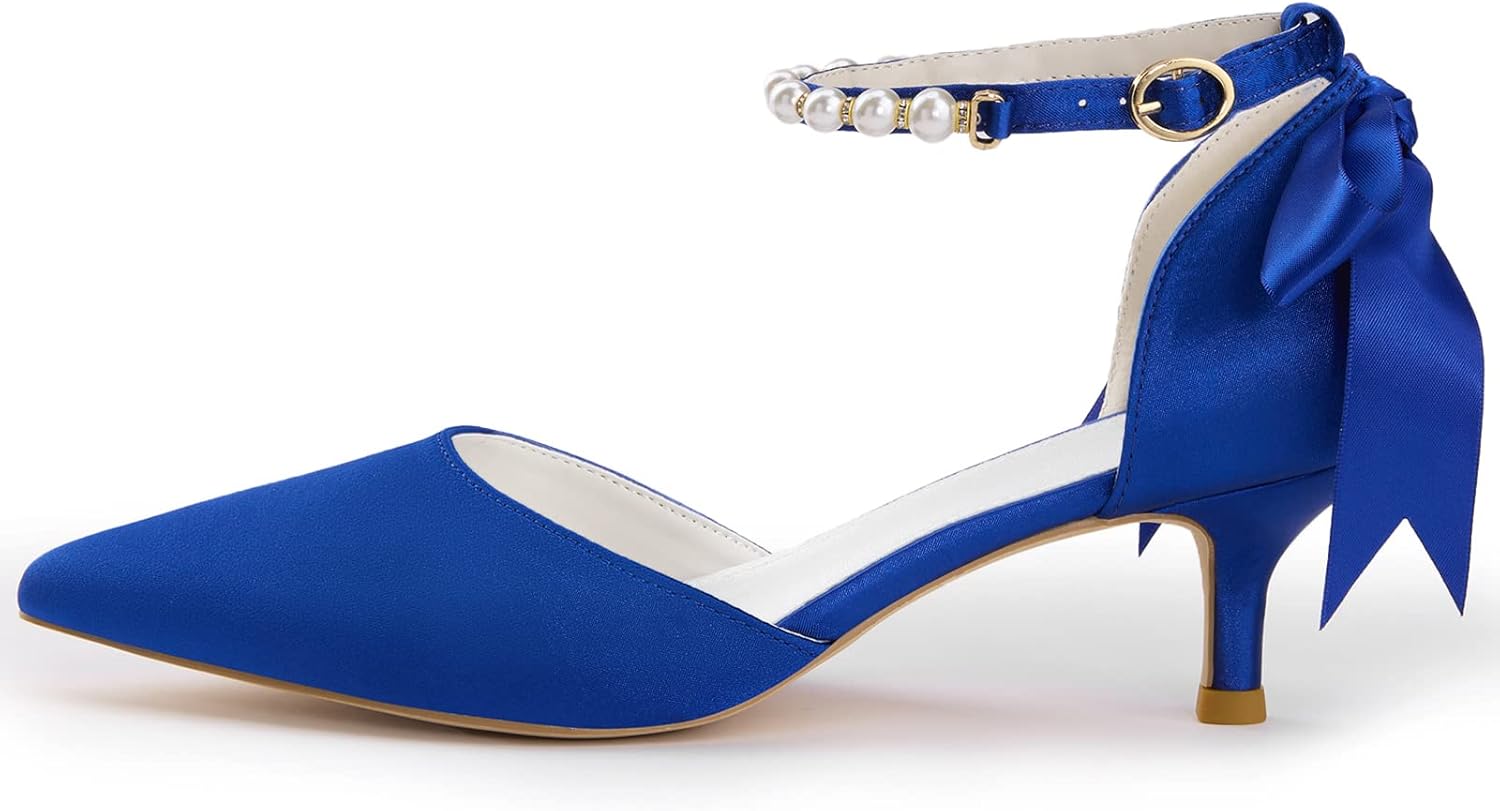 Coutgo Womens Pearl Ankle Strap Pumps Low Kitten Heel D'Orsay Satin Back Tieknot Heels Pointed Toe Wedding Party Dress Shoes - Image 5