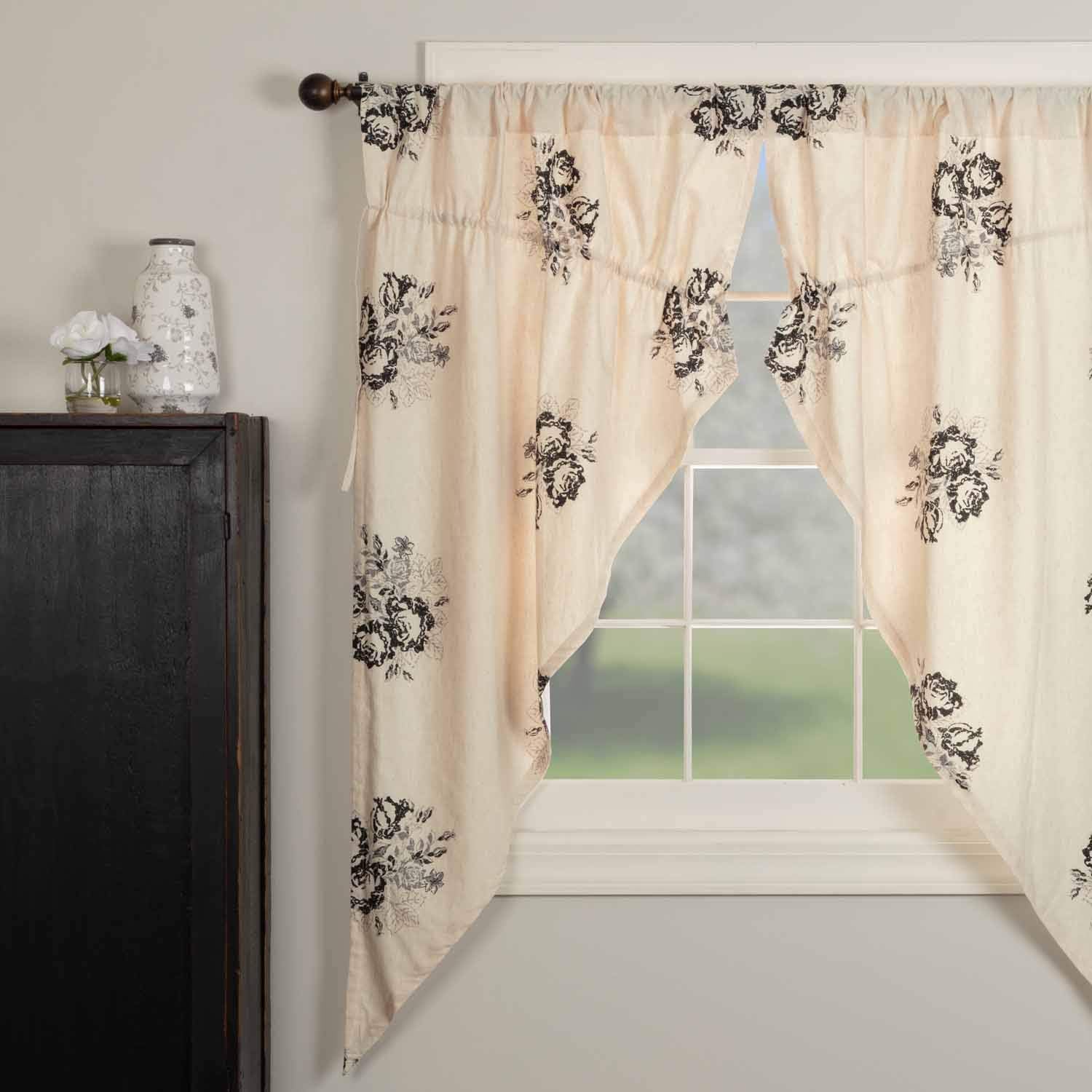 Piper Classics Lydia Black Floral Prairie Swag Curtains, Set of 2, 63" Long, Vintage Farmhouse Boho Style Flower Print Window Treatments, Cream & Black Gathered Swags