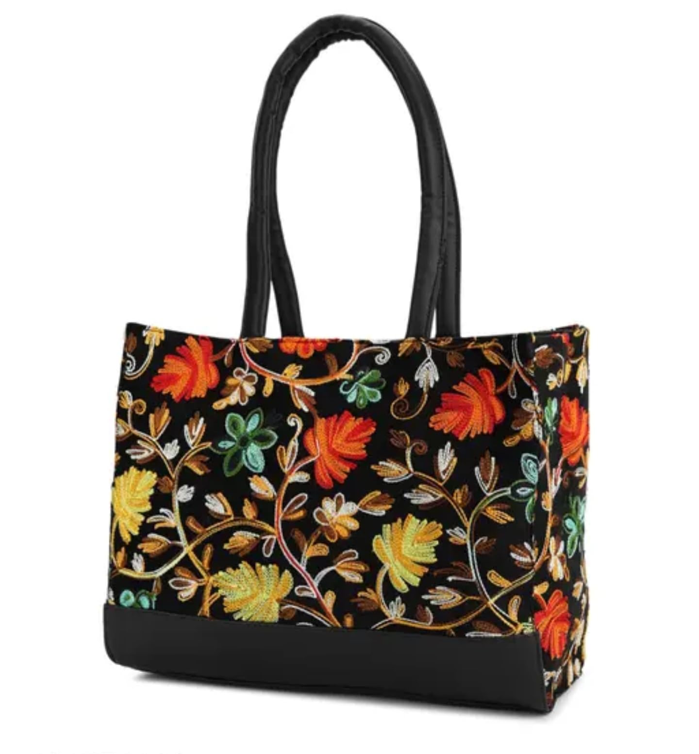 Kashmiri - Bolso tradicional bordado, bolso de mano bordado floral, negro con flores naranjas y amarillas, doble asa