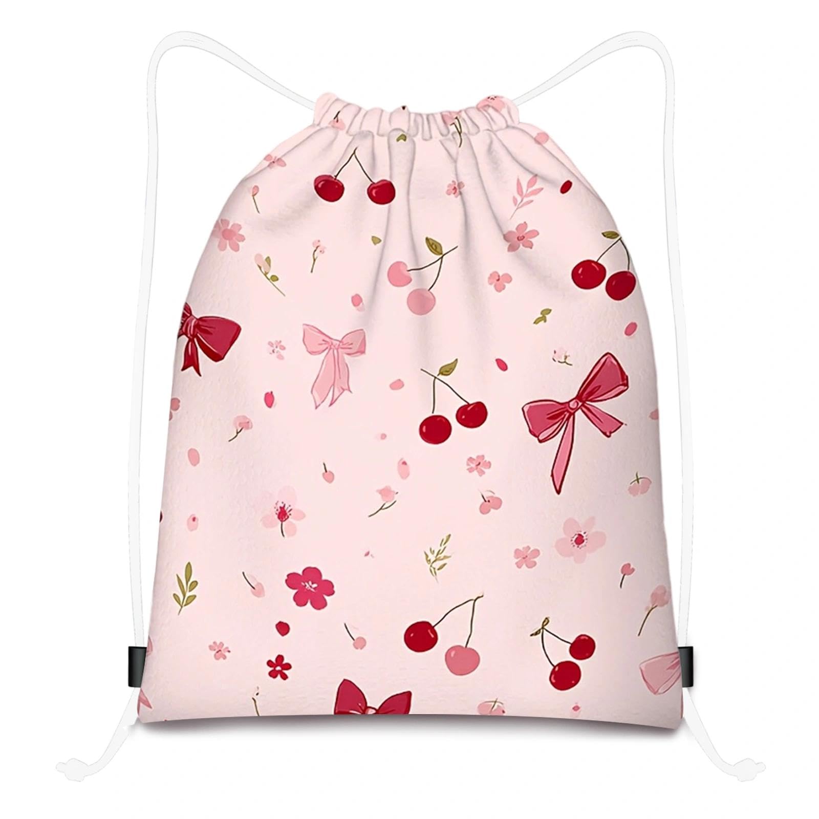 Fakcrkun Bow Drawstring Bags, Coquette Bows Cherry Drawstring Backpack, Cute Drawstring Bags Sports Gym String Bag for Kids Daily Outdoor Home School