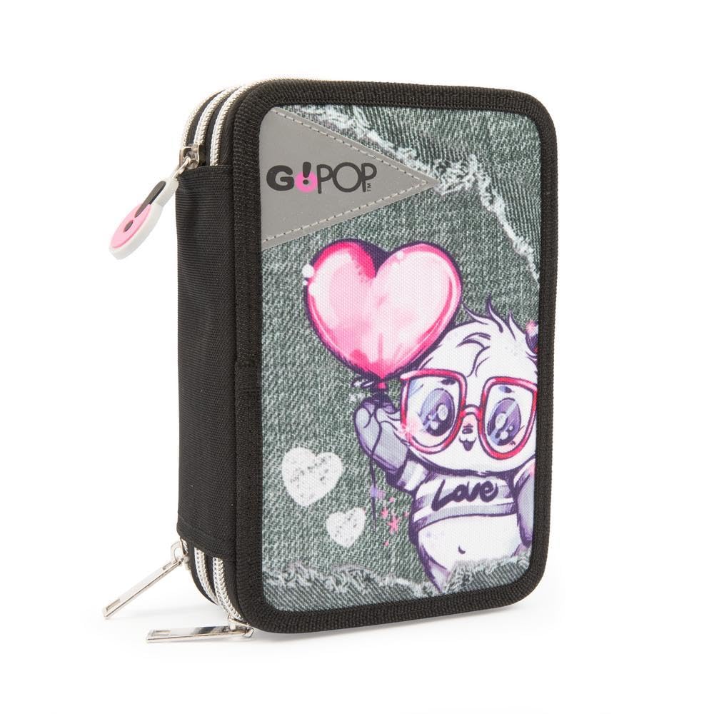 Go Pop - Astuccio Triplo Scuola Panderful Con 3 Zip E 3 Scomparti, Contiene 18 Matite Colorate, 18 Pennarelli e altri Pratici Oggetti per la Scuola,13 l x 19,5 h x 6,5 p
