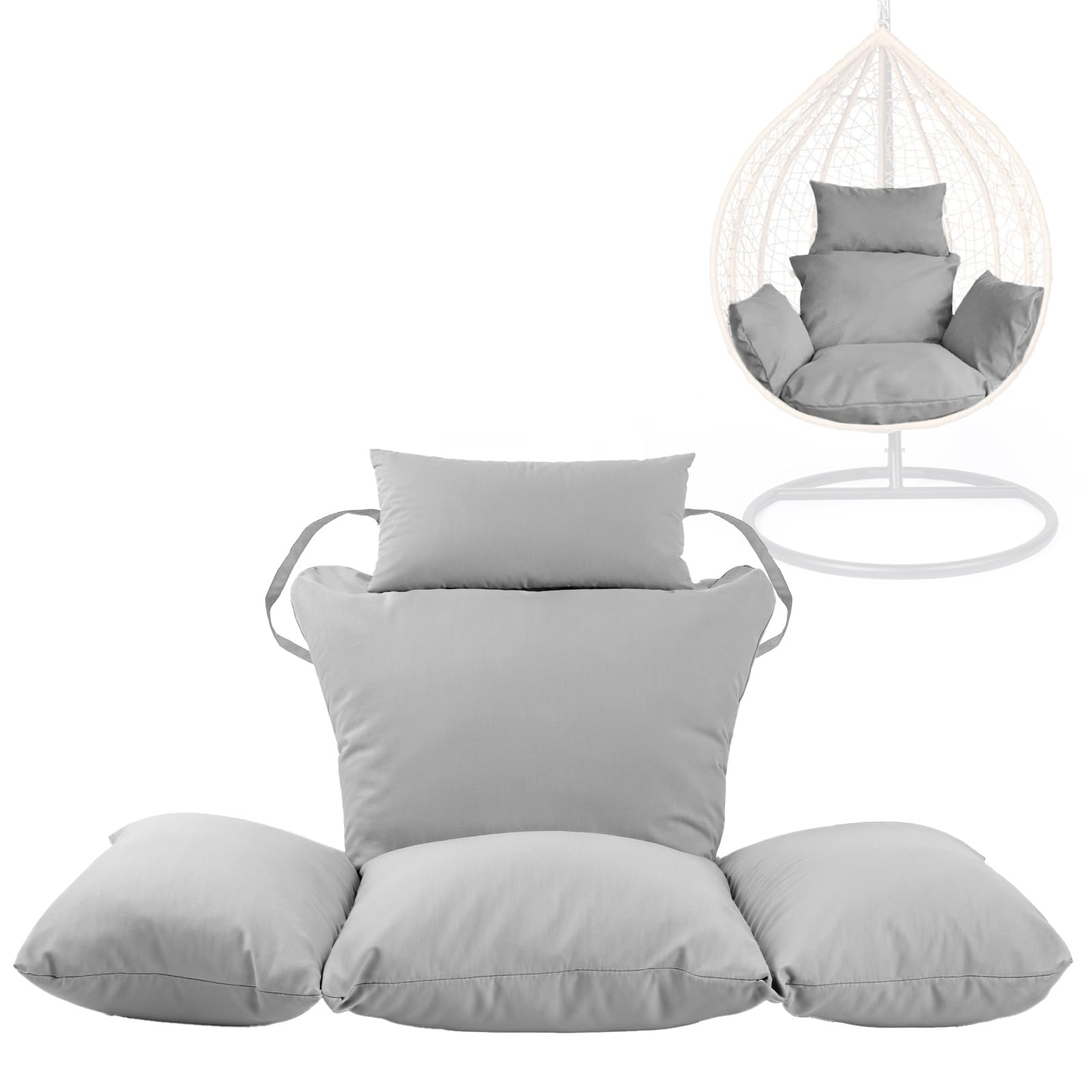 Swing Egg Chair Replacement Cushion, Foldable Water-Resistant Hanging Basket Swing Chair Cushion with Headrest Pillow, Outdoor Porch Backyard Patio Hammock Swing Replacement Cushions (Silver)