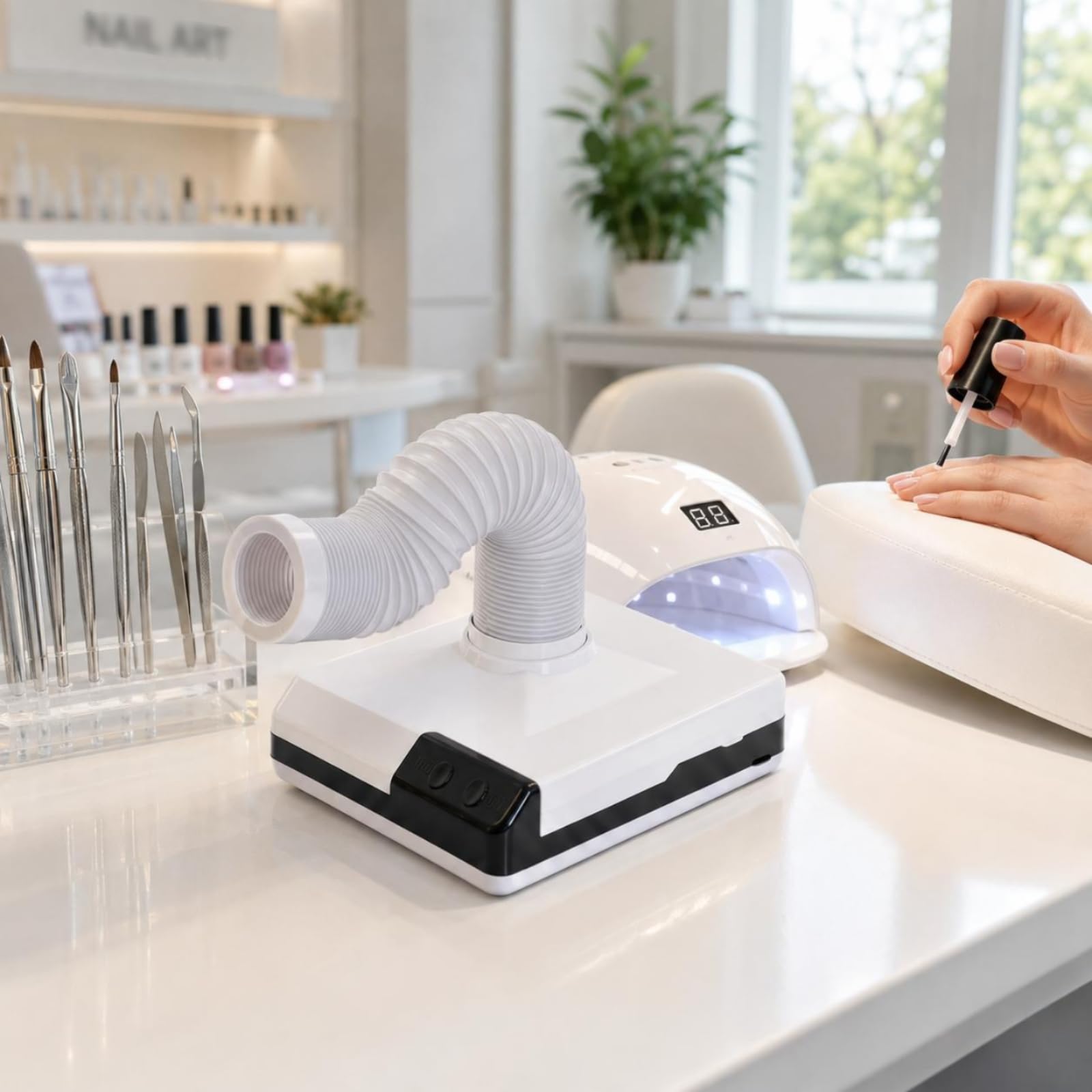 Milageto Colector de Polvo de Uñas Profesional Aspirador de para Manicura Extractor de Partículas Finas Ventilador de Potencia, Rosa, Boca Media - Enchufe Europeo