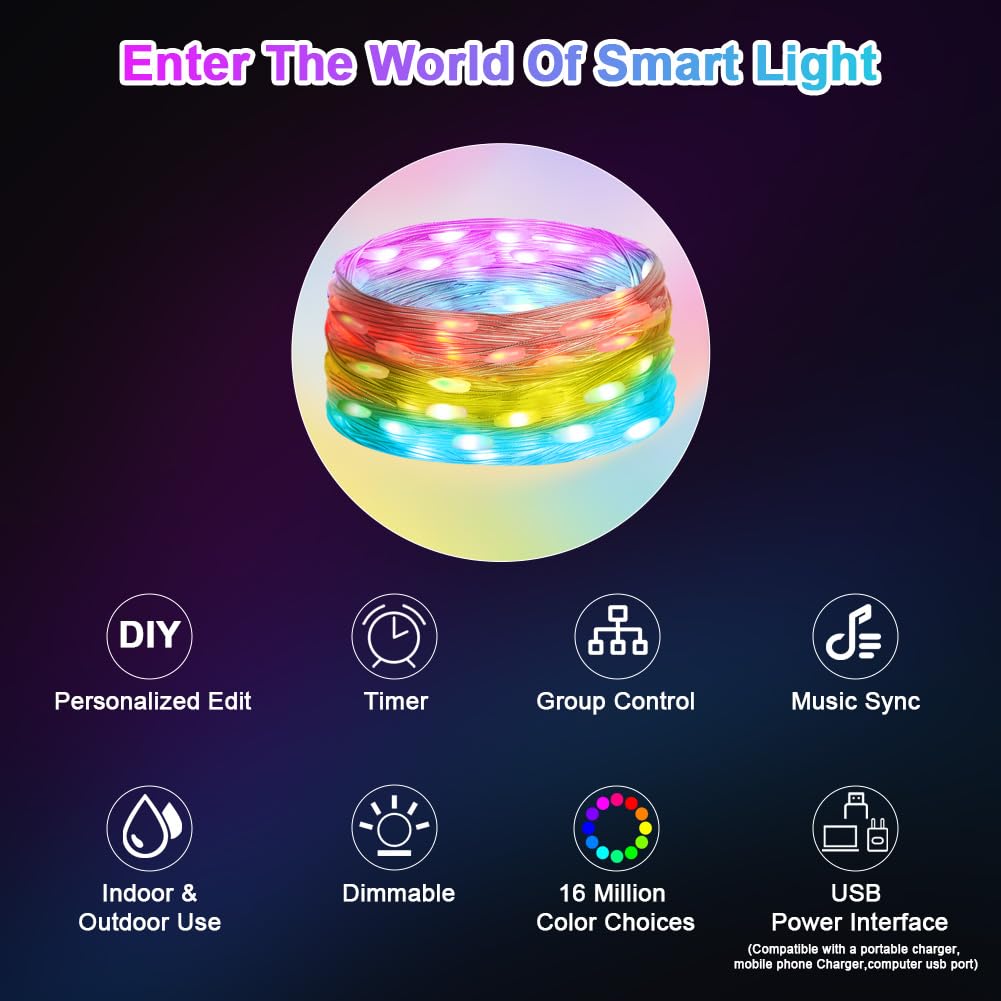 Luci Natalizie LED 10 Metri RGBIC - Striscia Luminosa A Colori Cambianti, Controllo Da App E Telecomando, Timer, IP65 Per Interni/Esterni, USB