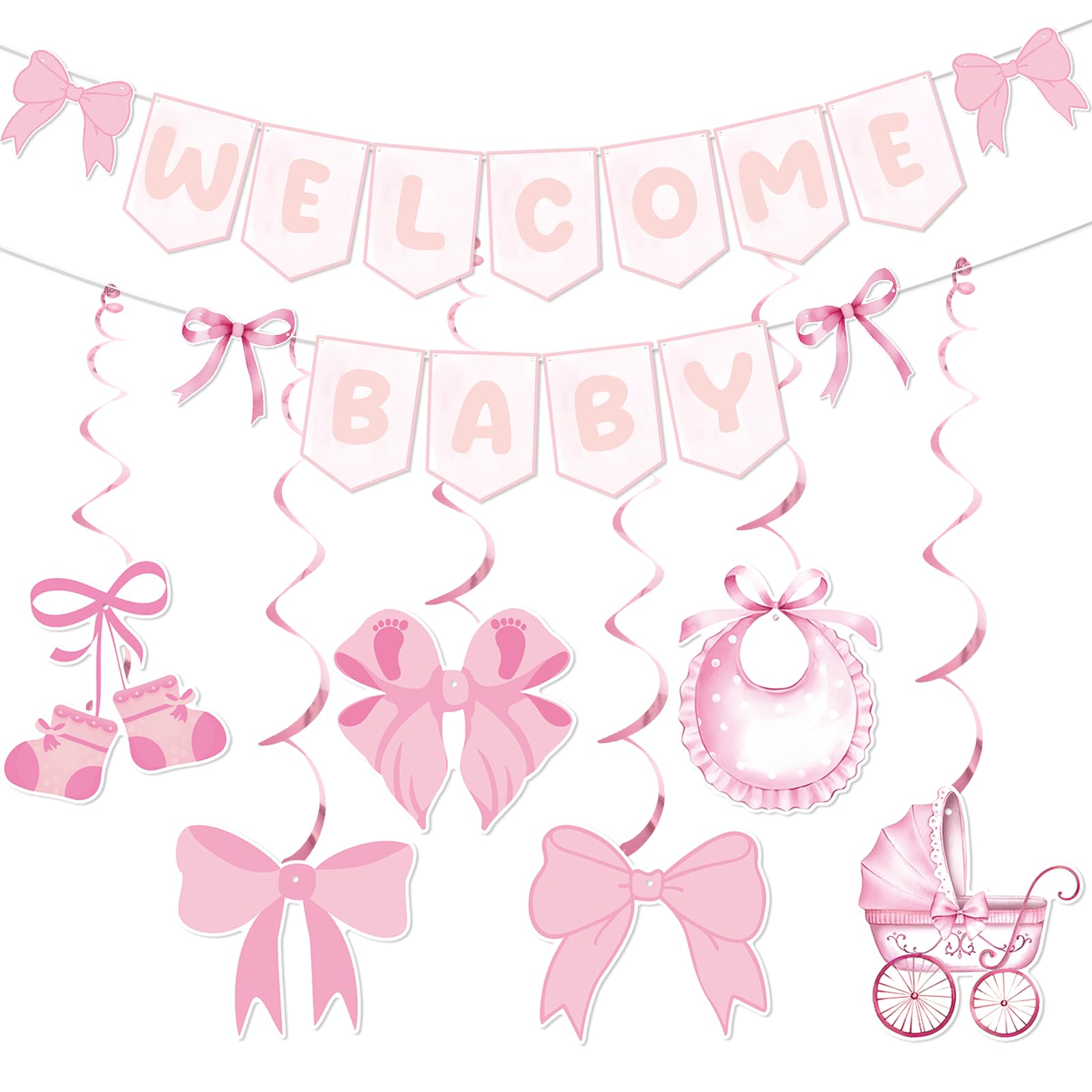 Tazuxetuqe Pink Bow Welcome Baby Banner with Hanging Swirls, Bow Girl Banner, Pink Bow Baby Celebration Decorations, Welcome Girl Decorations For