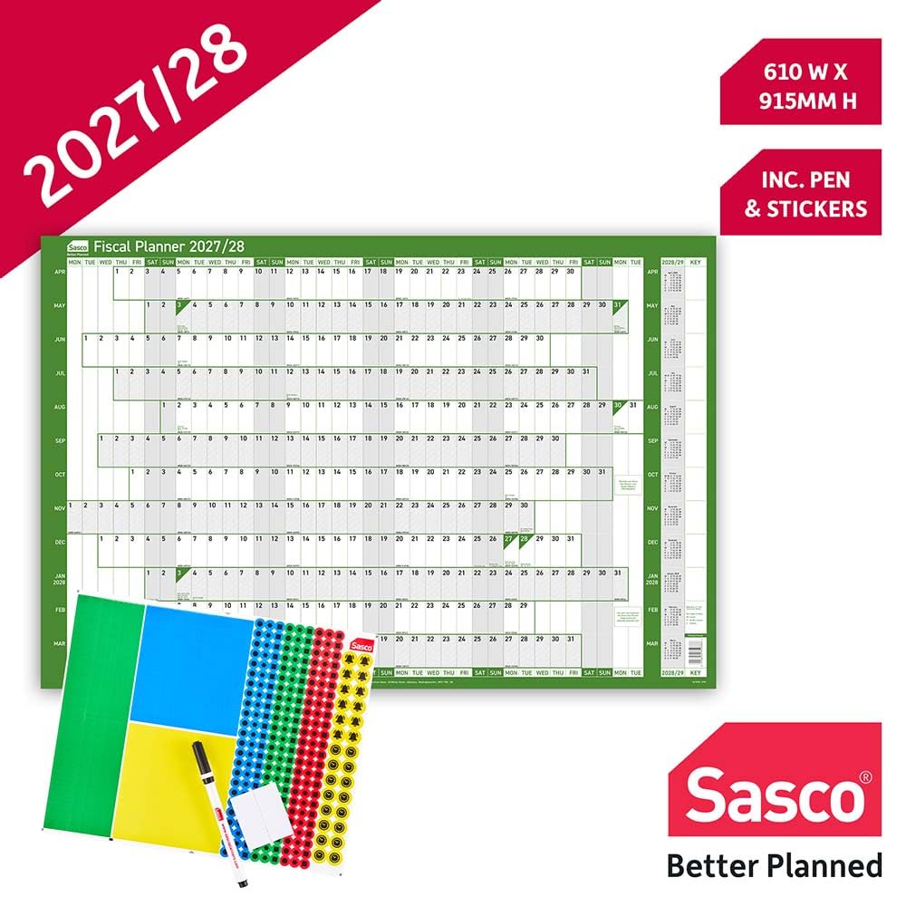 Sasco Wandplaner 2027/28, mit Feuchttuchstift und 378 Aufklebern, Grün, Bordmontage, 915 x 610 mm (B x H)
