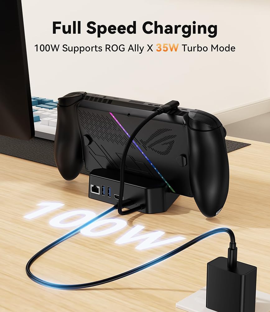 Estación de acoplamiento para ROG Xbox Ally/Ally X, base de modo de TV portátil 5 en 1 con HDMI 2.1 4K a 144Hz, carga PD de 100 W, Gigabit Ethernet y 2 puertos USB 3.0, compatible con modo