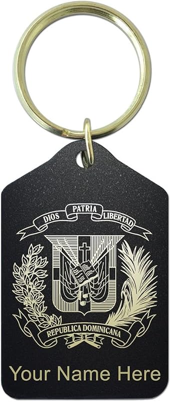 Keychain, Coat of Arms Dominican Republic, Personalized Engraving Included Black Metal