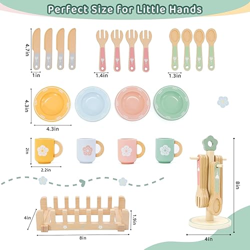 Miniatura 4 de Accesorios de cocina de madera para niños pequeños de 3 años en adelante, 22 piezas de cocina para niños con lindo estante para cubiertos y estante