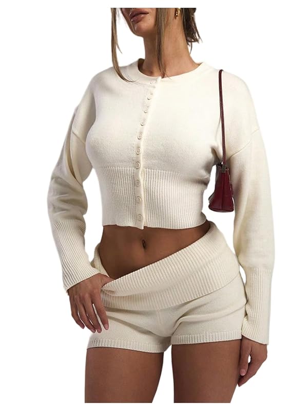 GORGLITTER Women's Button Up Cinched Waist Cardigan Crew Neck Cropped Sweaters Long Sleeve Knit Fitted Pullover Tops Cream Medium by GORGLITTER - Used condition - US$30.39