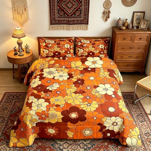 Erosebridal Boho Floral Bedding Set Queen Retro Groovy Flowers Comforter 60S 70S...