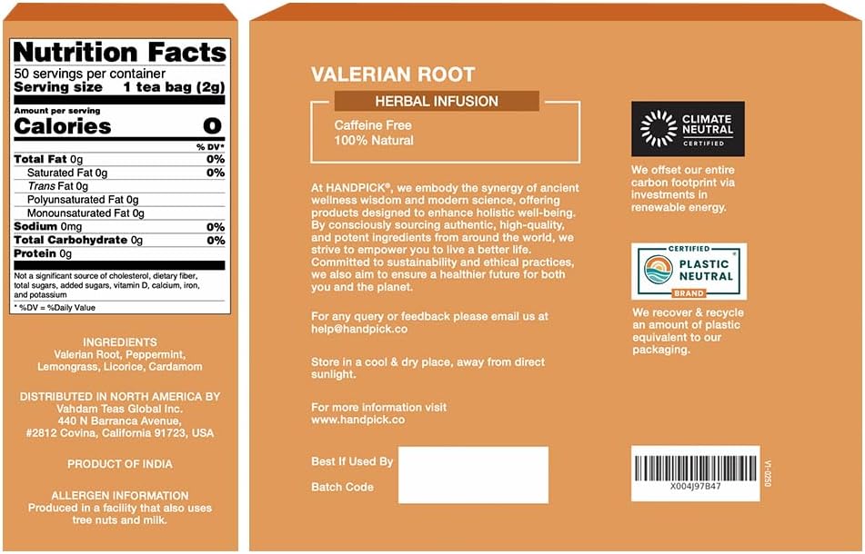 HANDPICK, Valerian Root Tea Bags (Valeriana) 50 Count | Non-GMO, Caffeine Free, Real Ingredients | Earthy/Woody Herbal Tea Bags | Round Eco-conscious Teabags