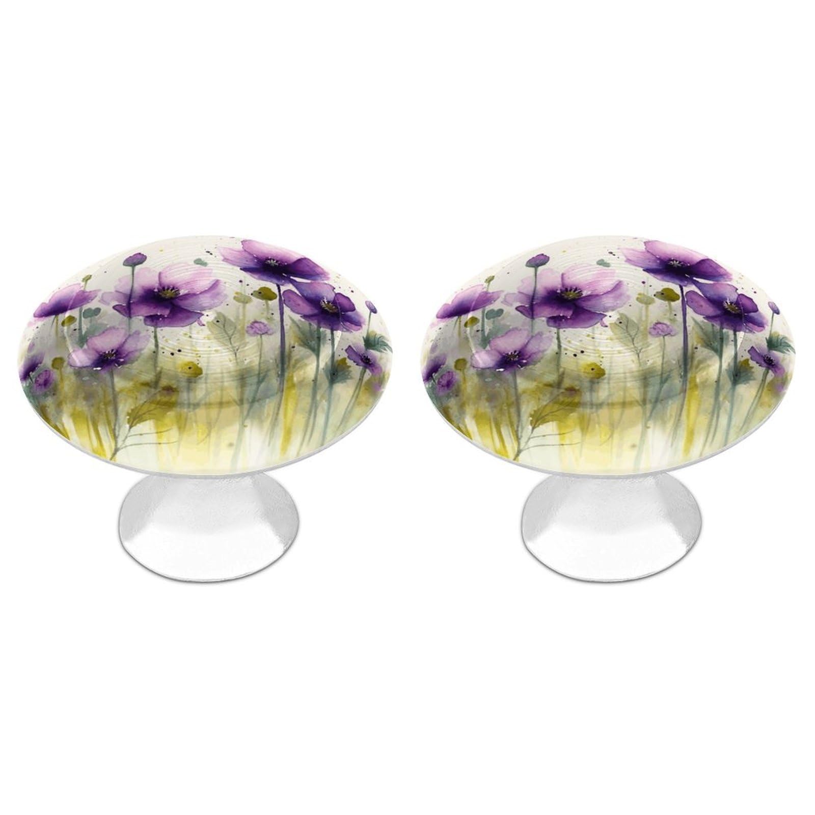 FekiLoot Watercolor Purple Flowers Cabinet Knob Kitchen Drawer Knob Stainless Steel Round Drawer Pulls Modern Cabinet Hardware Vintage Dresser Drawer for Kitchen Bathroom Closet Dresser Cabinets