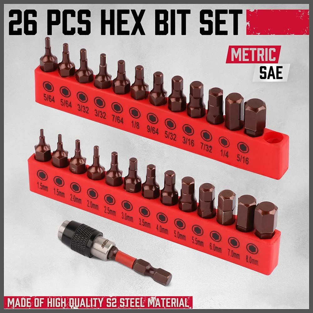 25-Piece Hex Bit Set - Premium Allen Key Drill Bit Set, Durable Allen Wrench Drill Bits, Hex Ket Drill Bit Set & Quick Change Bit Holder, SAE and Metric Hex Drill Bit Set with Strong Magnetic Tips