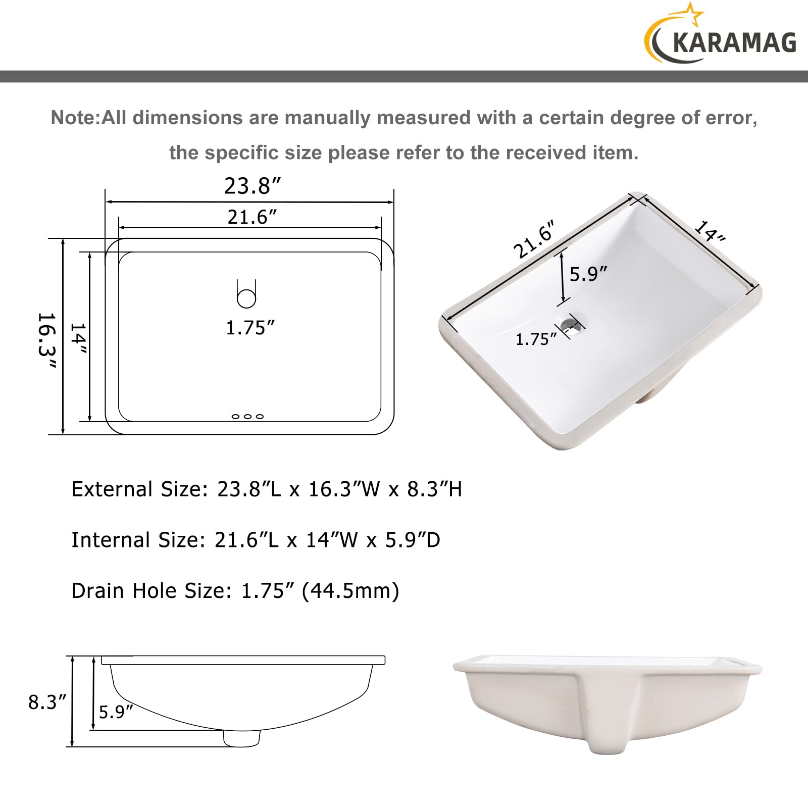 Fregadero de baño rectangular de 24 pulgadas, de cerámica blanca, con desbordamiento (23.8 x 16.3 pulgadas)