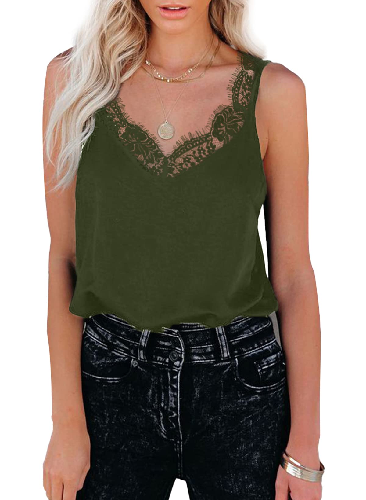 Women V Neck Lace Trim Basic Sleeveless Cami Tank Tops