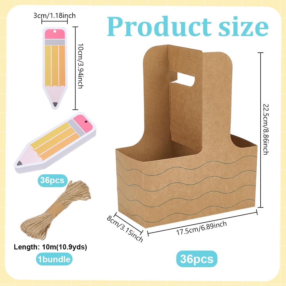 PH PandaHall 36pcs Teacher Appreciation Gifts Drink Carrier, 2 Cup Disposable Drink Carrier with Handle Paperboard Coffee Cup Kraft Paper Coffee Cup Holder for Party Favors Teacher Gifts Decorations