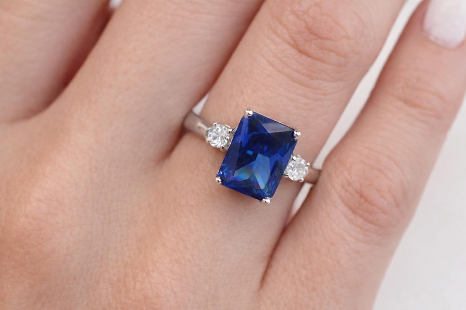 Emerald Cut Blue Sapphire Ring 925 Sterling Silver Engagement Ring for Women.”