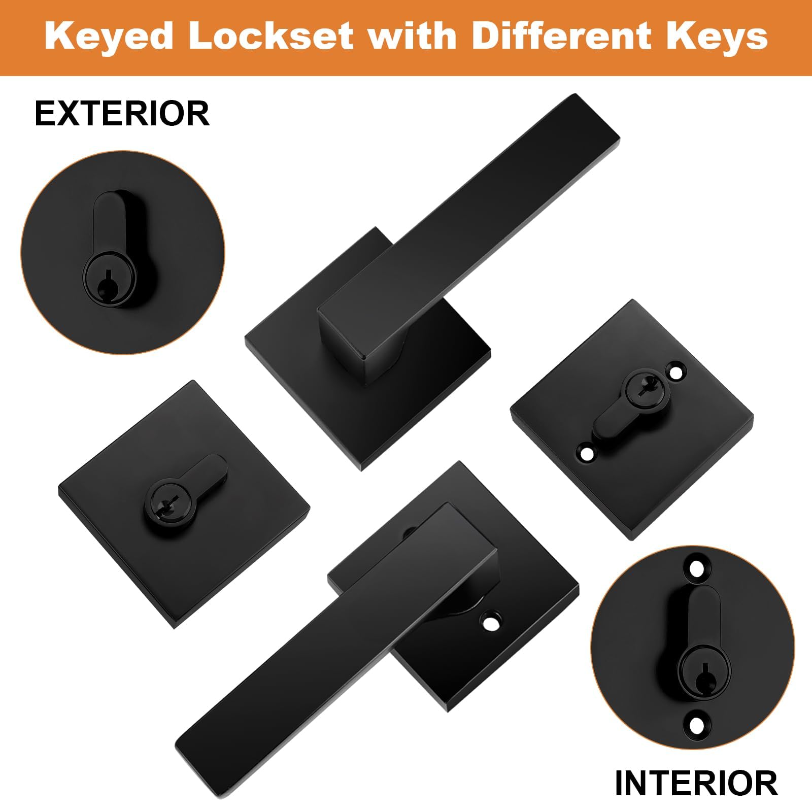 Probrico Juego de cerraduras de puerta exterior negro mate con cerrojo de seguridad, manija de paso de puerta delantera y cerrojo de doble cilindro con las mismas llaves, palanca de puerta cuadrada
