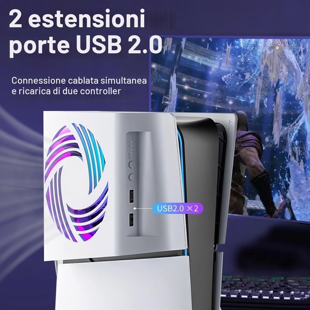 Ventola per PS5 Slim Ventola di Raffreddamento,per Accessori PS5 Slim,con Dissipazione del Calore Laterale/Rilevamento Automatico Della Temperatura/Luce RGB/3 Velocità Dell'aria/USB 2.0