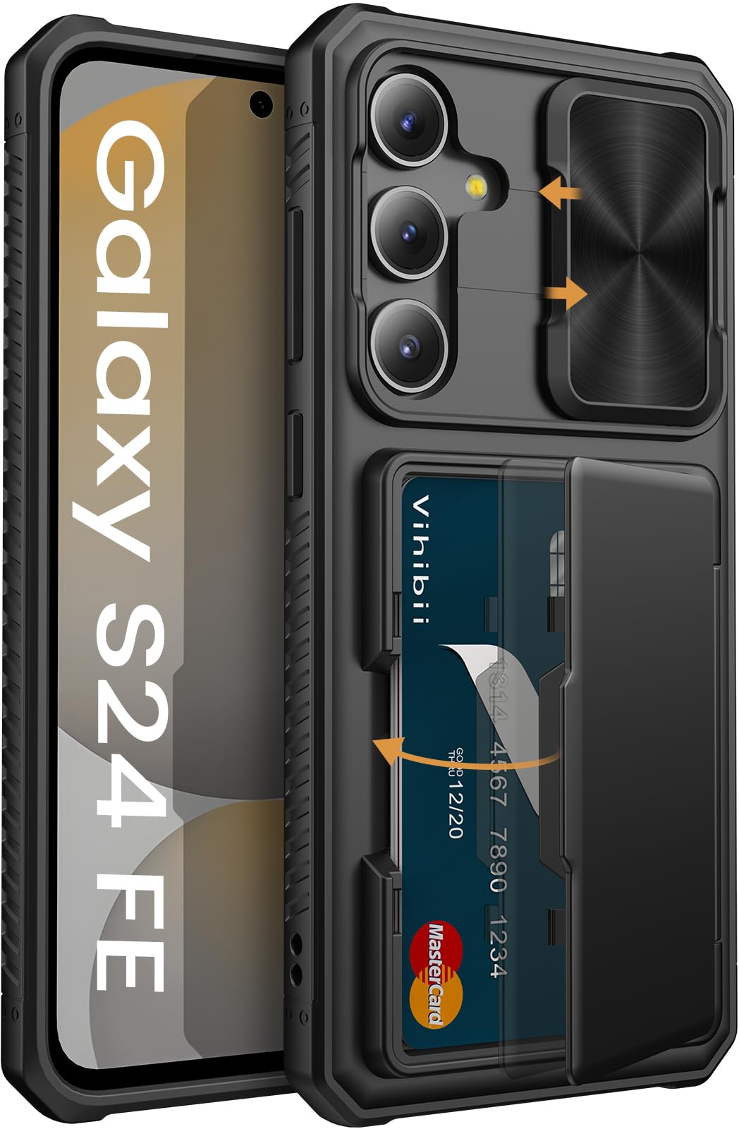 Vihibii for Samsung Galaxy S24 FE Case with Card Holder (4 Cards) & Slide Camera Cover & Kickstand, Shockproof Rugged Hard Back & TPU Soft Edge Wallet Case for Galaxy S24 FE 5G 6.7" 2024, Black
