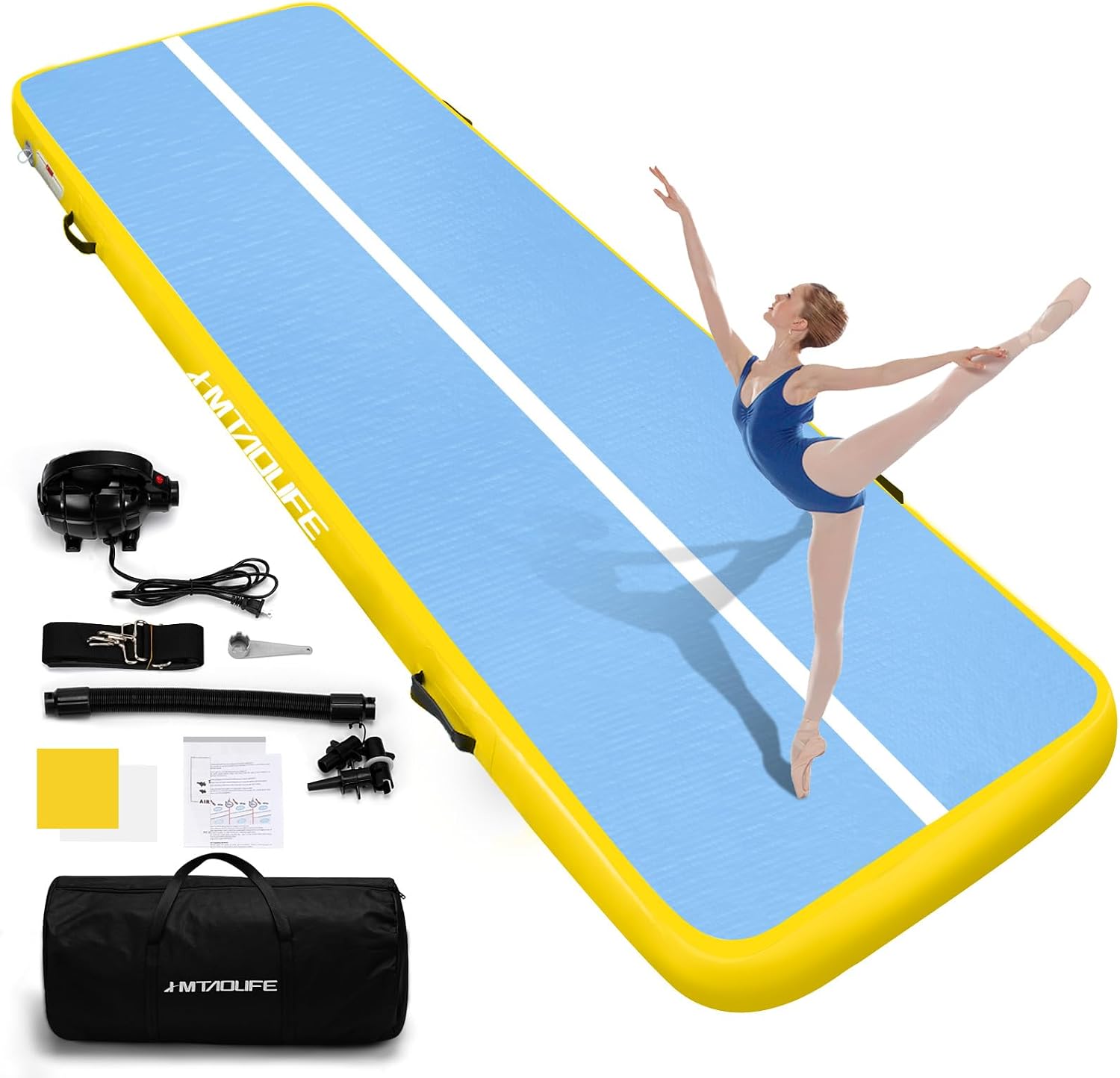 Inflatable Air Gymnastics Mat Tumble Track, 6.6/10/13/16/20ft Tumbling Mat Air Tumbling Track, Air Training Mat with Air Pump for Home/Water Fun/Gym/Yoga/Training/Cheerleading