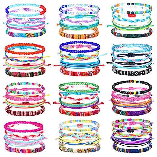 48 Pieces Handmade Friendship Bracelets Adjustable Woven Braided Bracelet Colorful Beaded Bracelets Elastic Beaded Anklet for Kids Girls Women Men Jewelry Party Accessories, Assorted Style